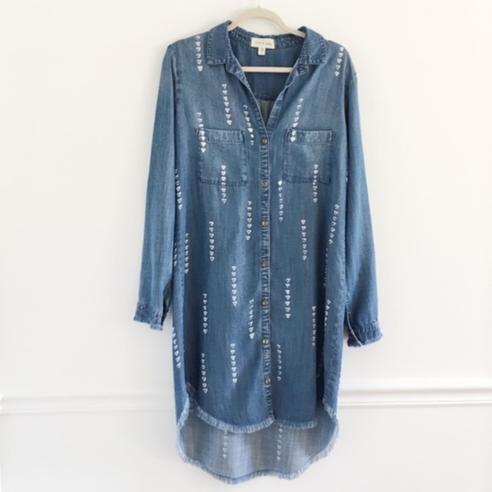 Anthropologie Blue Denim Shirt Dress with White Print
